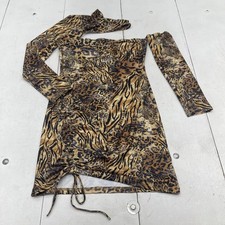 Animal Print Bodycon Dress Womens Large Brown One Shoulder Ruched Mini Party