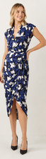 WHITE HOUSE BLACK MARKET WHBM HAZY BLOOM S INDIGO DRAPED CAP SLEEVE MIDI DRESS 8