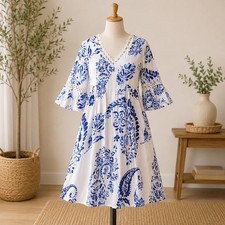 NWT Cupshe Mini Dress Womens Medium White Blue Paisley Lace Trim Bell Sleeve