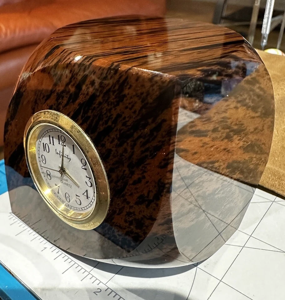 OBSIDIAN BROWN & BLACK NATURAL STONE QUARTZ DESK CLOCK - Image 4 of 4