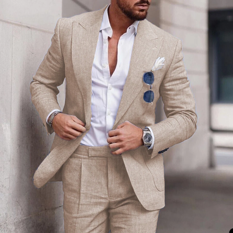 Mens Linen Suits 2PCS Peak Lapel Summer Coat Wedding Groom Casual Blazer Tuxedos - Image 2 of 4