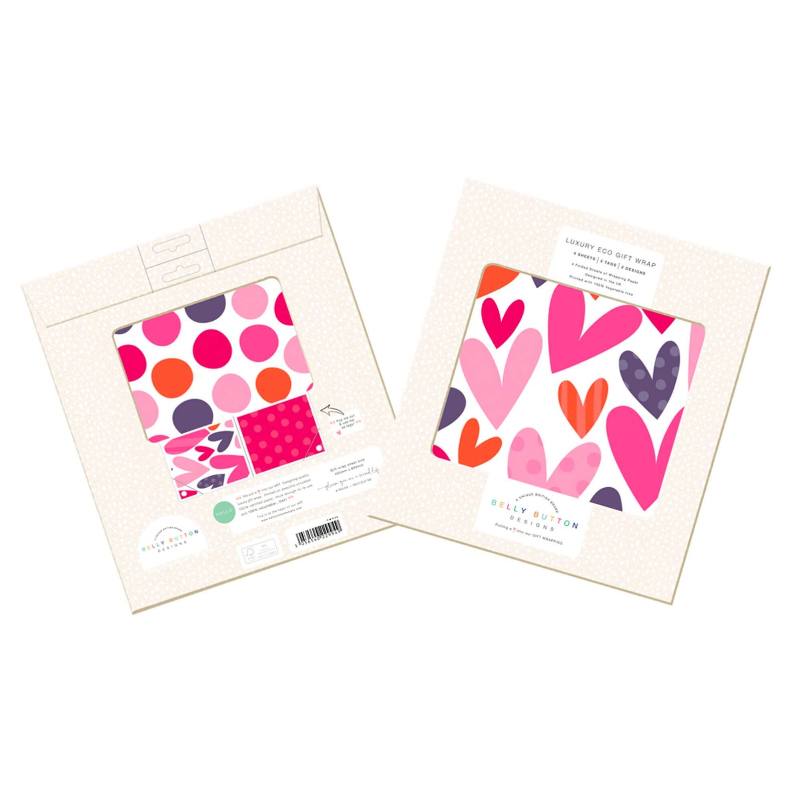 Gift Wrap Luxury Eco Pretty Hearts 2 Designs - 4 Sheets Wrapping Paper 2 Tags