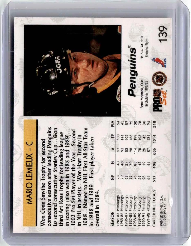1992-93 Pro Set Mario Lemieux Pittsburgh Penguins #139 - Image 2 of 2