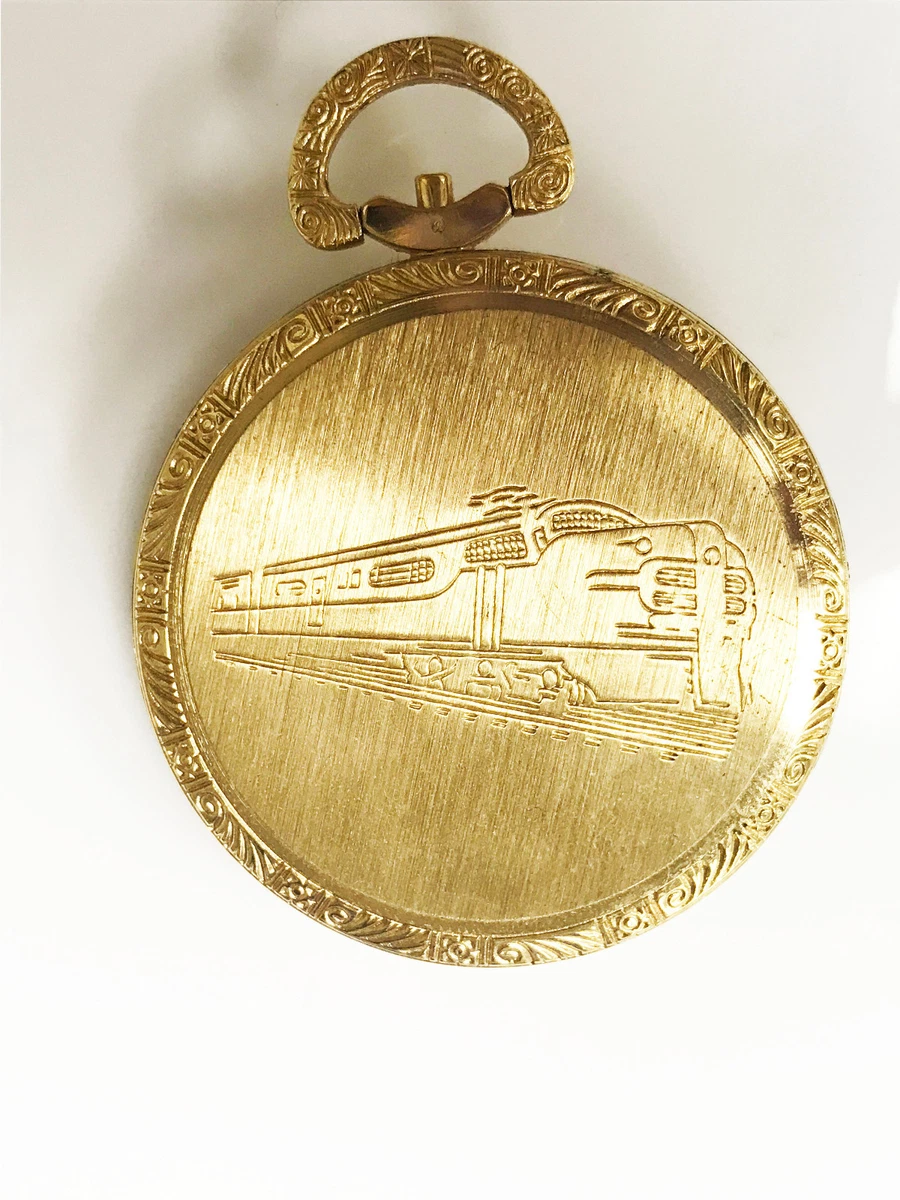 Belair Quartz Gold Tone Train Engraving Working Condition Pocket Watch