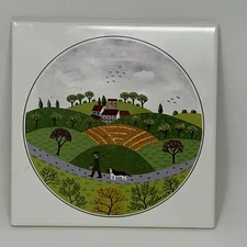 VILLEROY & BOCH Design Naif Tile Trivet Folk Art Scene LaPlau #6 HUNTER & DOG