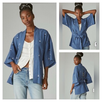 LUCKY BRAND sz Medium Blue White Black Embroidery Geo Womens Kimono Belted Shirt