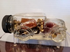 VTG CLEAR 1930'S SEDAN CAR GLASS CANDY CONTAINER  w/ BLACK CLOSURE & PRODUCT #2