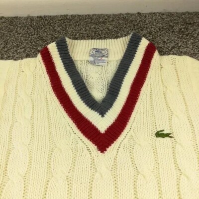 Vintage Izod Lacoste Sweater Vest Cable Knit V Neck Tennis Ivory