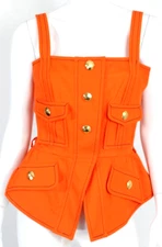CHRISTIAN LACROIX Vintage Safety Orange Cotton Gold Button Sleeveless Top 42