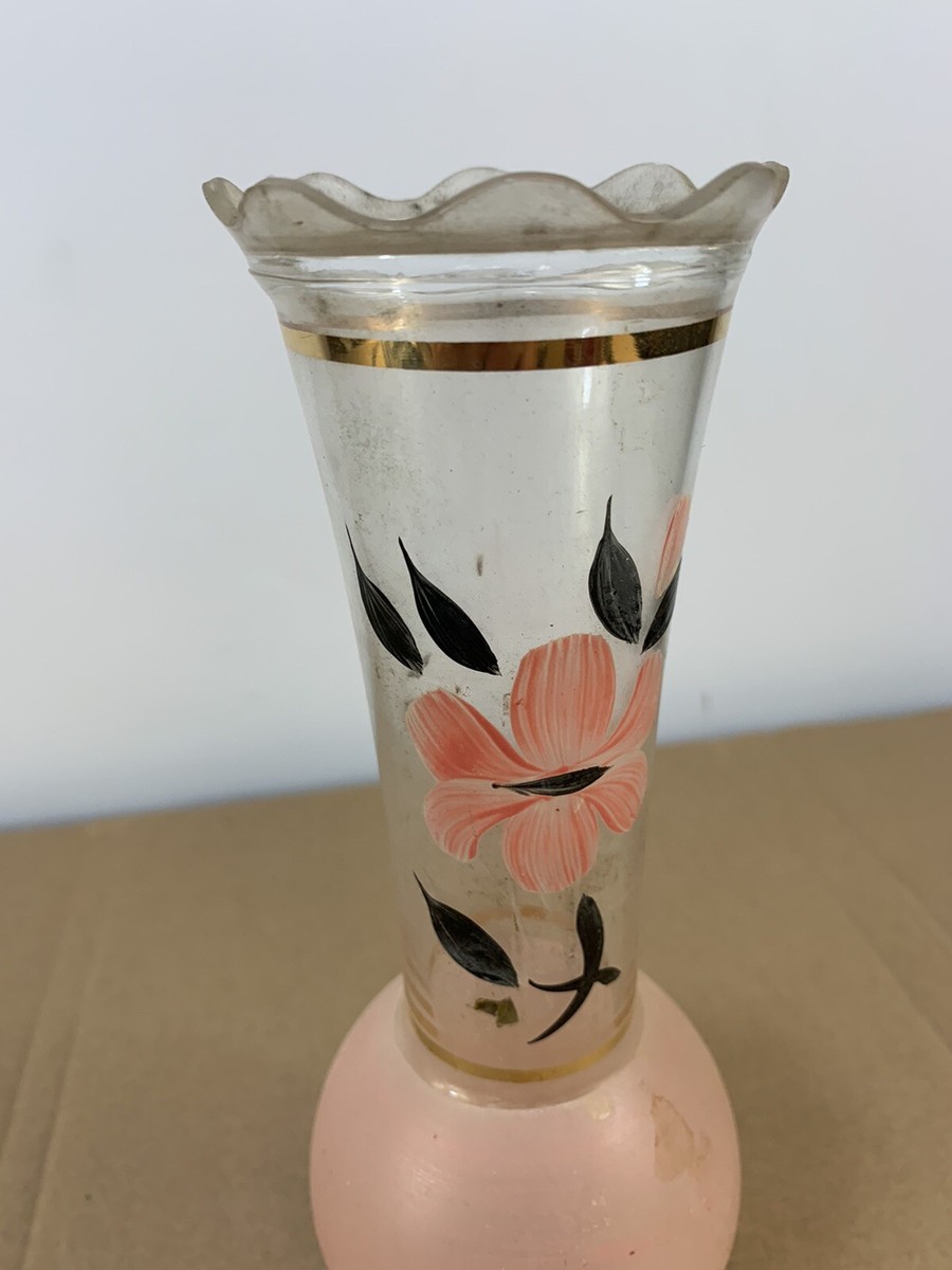 花瓶・フラワースタンド 1950's Mid century vintage flower vase Vintage Mid Century 50s 60s Pink Floral Flower Vase Glass