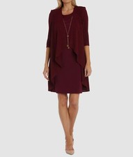 R M Richards Womens Red Rib Metallic Necklace Jacket Dress Set Dress Size 12