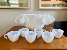 Vintage Hazel Atlas Milk Glass Alpine White Swirl Punch Bowl 12 Cups Excellent
