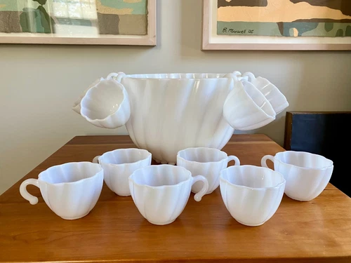 Vintage Hazel Atlas Milk Glass Alpine White Swirl Punch Bowl 12 Cups Excellent
