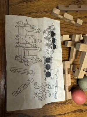 VTG 1960s Era Wooden Interlocking Burr Puzzle Brain Teaser W/ Paper Directions