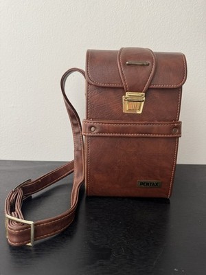 Vintage PENTAX Brown Leather Camera Shoulder Bag Two Section Hard Case