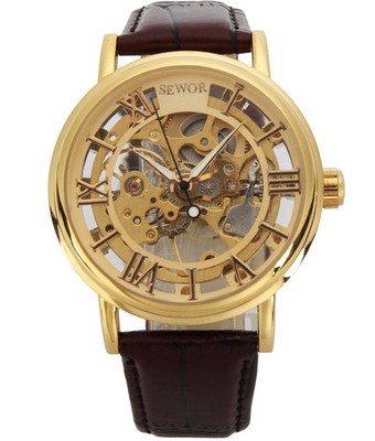 SEWOR Men's Mechanical Skeleton Transparent Vintage Style Leather Wrist... 