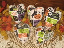 Halloween Decor 5 Appliqued Hearts Ornaments Bowl Fillers Handmade Retro Look