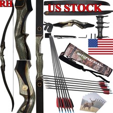 60" Archery Takedown Recurve Bow Wooden 25-50lb RH & Carbon Arrows Hunting Shoot