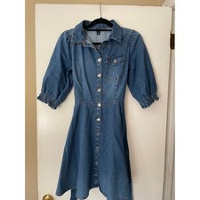 River Island Denim Dress Button Front Puff Sleeve Belted Midi Blue Size 8