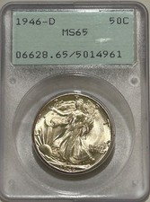 1946 D Walking Liberty Silver Half Dollar PCGS MS65 Gen 1.2 OGH