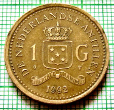 Netherlands Antilles Dutch Caribbean Beatrix 1992 1 Gulden, Crowned Coat of Arms