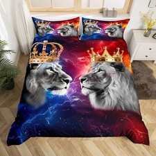 Wild Lion Couple Bedding Set King Size for Teens,King and Queen Golden Crown ...