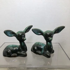2 Vtg. BMP Canada Blue Mountain Pottery Fawn Deer Figurine Blue Drip Glaze Clay