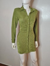 Fashion Nova Olive Green Button-Front Ruched Long Sleeve Shirt Dress Size XS
