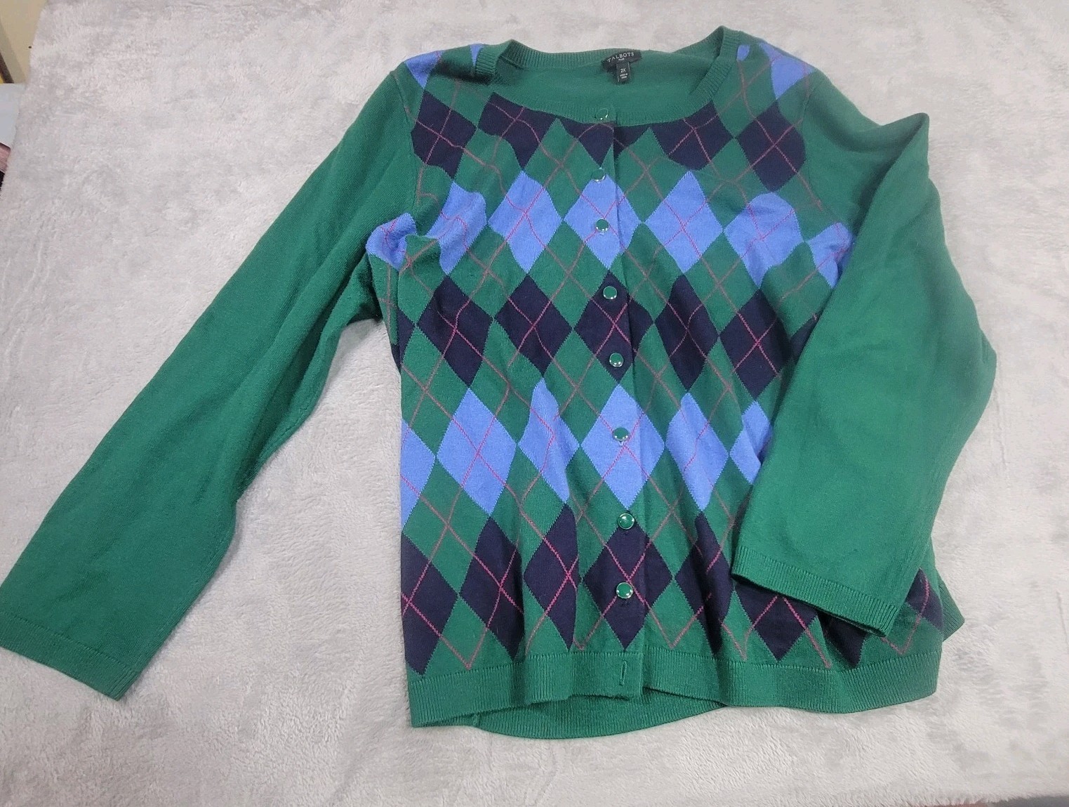 Talbots Plus Size 2X Green Argyle Pattern LS Butt… - image 2