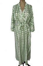 Green White Geometric Kimono Robe S Satin Belt Lightweight Belted Tie