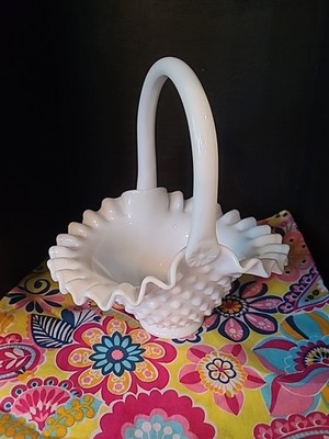 Vintage FENTON Milk Glass Hobnail Handled Basket Ruffled Crimped Edge Candy Dish