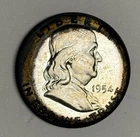 Wayte Raymond-Toned GEM Proof 1954 Franklin Silver Half Dollar, U.S. PF 50c Coin