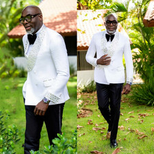 Luxury Beaded White Men's Suits Double Breasted Wedding Tuxedos Prom Blazer Pant