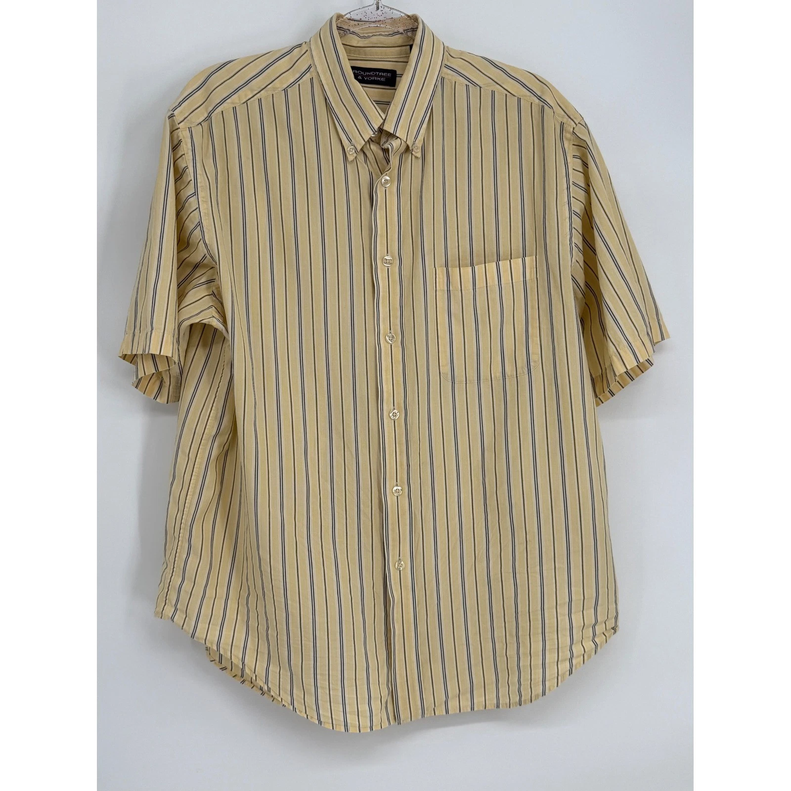 Roundtree & Yorke Mens Yellow Navy Blue Striped Short Sleeve Button Down Sz L