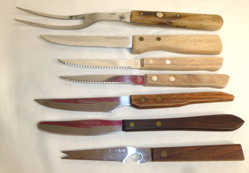 Vtg Lot 6 Wood Handle Kitchen Knives Tedron Swords Everbrite Royalton JA Henckel