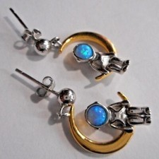 Silver and Gold Tone Opal Astronaut on Crescent Moon Pierced Earrings