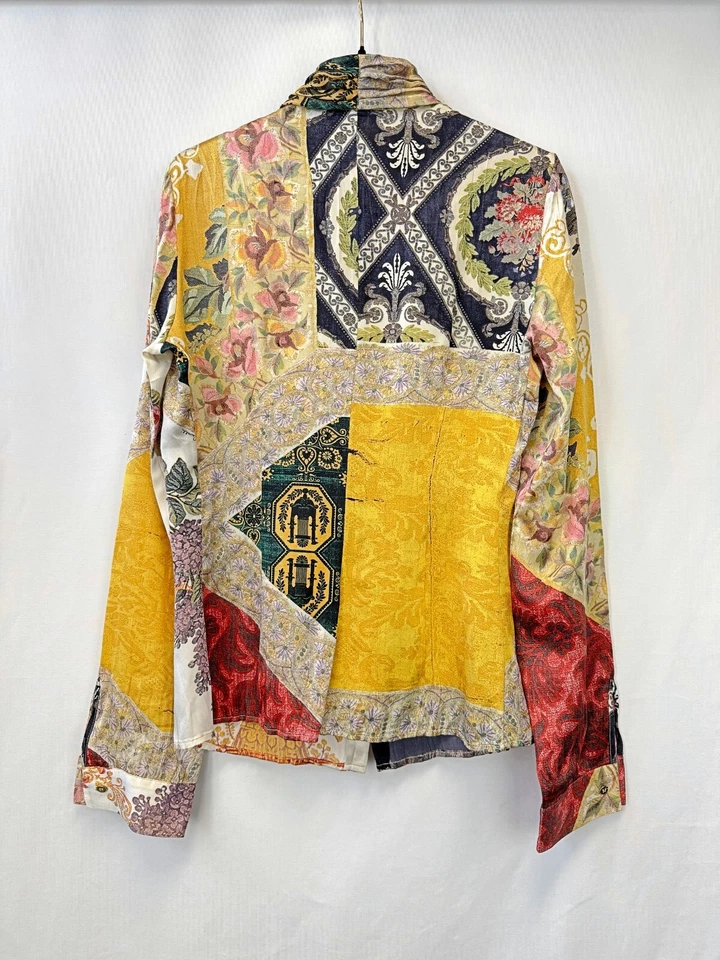NWOT ROBERTO CAVALLI ITALY SILK Button Up Blouse 40 Multicolor Pattern Ruffle 4 - Image 4 of 4