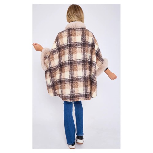Taupe Faux Fur Front Opening Check Cape - Picture 3 of 14
