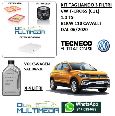 TECNECO TAGLIANDO 3 FILTRI E OLIO ORIGINALE VW 0W20 T-CROSS 1.0 TSI C11 81KW 110 CAVALLI