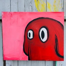 Original Collectible Abstract Painting RED Expressionist Art Strange Eyes Figure