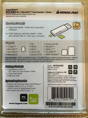 Vivitar 50-1 Card Reader/Writer + IOGear USB 3.0 MicroSD SuperSpeed, New - Picture 3 of 7