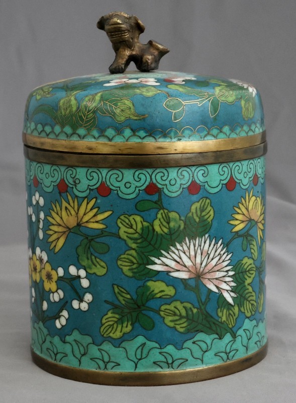 Chinese Qing Republic Cloisonne Lidded Tea Canister Caddy Jar Humidor Lion Dog