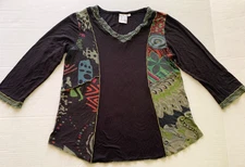 Parsley & Sage Womens Black Abstract Patchwork Print 100% Rayon Top Sz M V neck