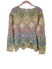 Vintage Crochet Granny Square Sweater Beige Multi Pastel Long Sleeve Boho Top L