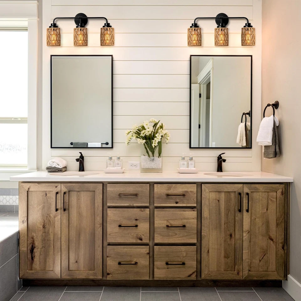 3-Light Bathroom Light Fixtures Vanity Lights over Mirror, Rustic Farmhouse Ratt - Image 3 of 4
