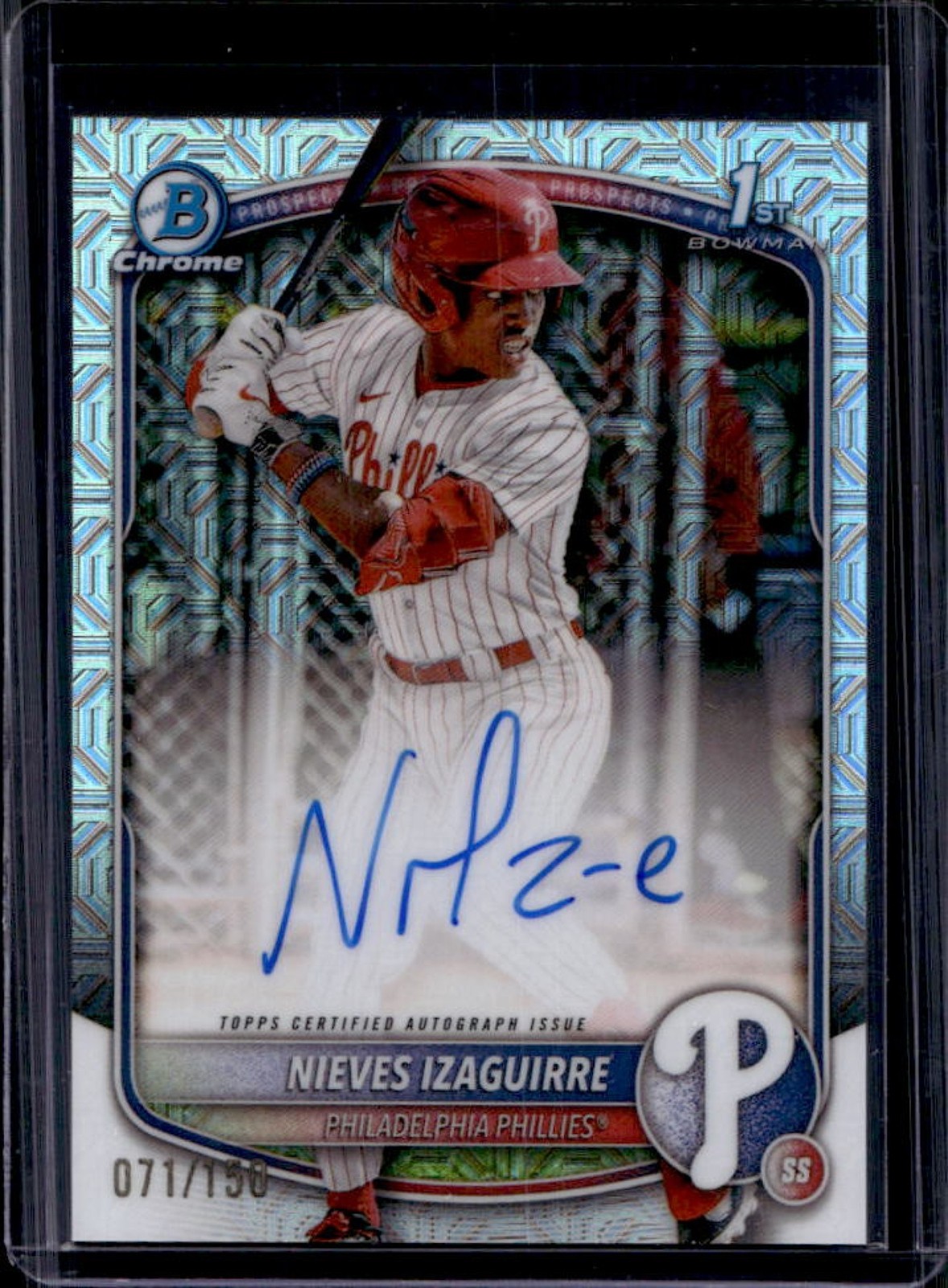 2025 Bowman Chrome Nieves Izaguirre Auto HTA Choice Refractor 1st Prospect #/150