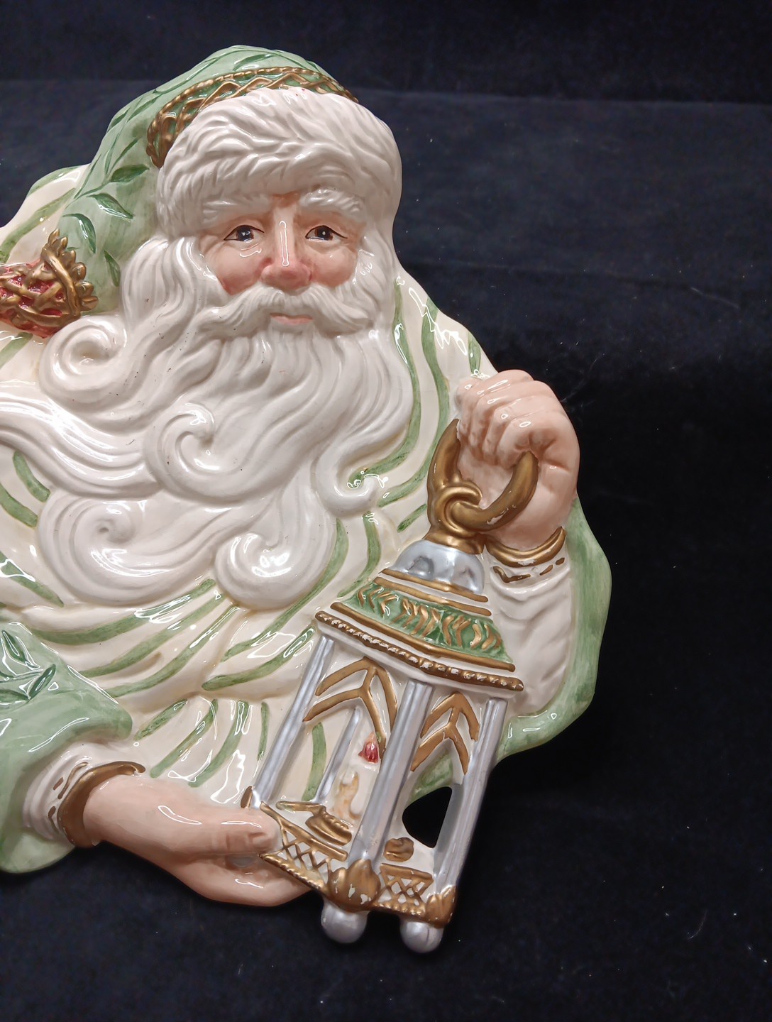 Fritz and Floyd Gregorian Green Santa W/Lantern Caape Plate. Some Ware/Crazing.