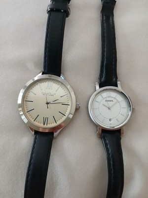 Caravelle & Fossil Wristwatches, Black Leather Strap, Silver Case, Analog