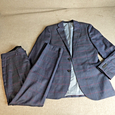 J.CREW Mens Suit 38R Blue Windowpane Herringbone Wool Moon Tweed Ludlow READ
