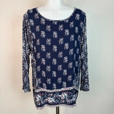 Lucky Brand Top Medium Blue Floral Mixed-Media Boho Blouse Women's